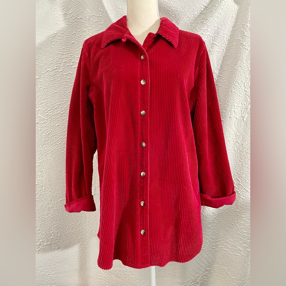 J Jill Red Corduroy Button Up Jacket w/ Velvet Trim